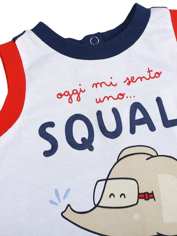 Boys White & Blue Sleeveless Knitted Romper image number 2